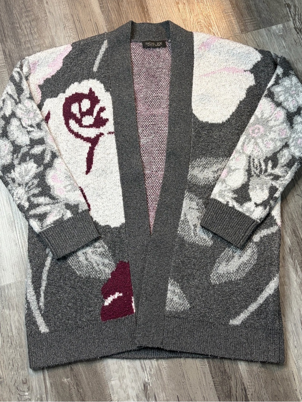 Floral Pattern Open-Front Cardigan Sweater - Gray/Pink